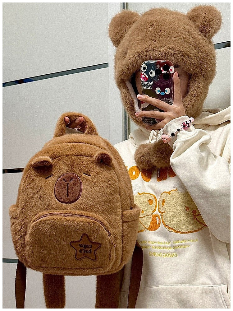 Bolsa Escolar Capivara Pelúcia Mochila Capivara Bolsa de Pelo Casual Versátil Mochila Escolar de Grande Capacidade 2025