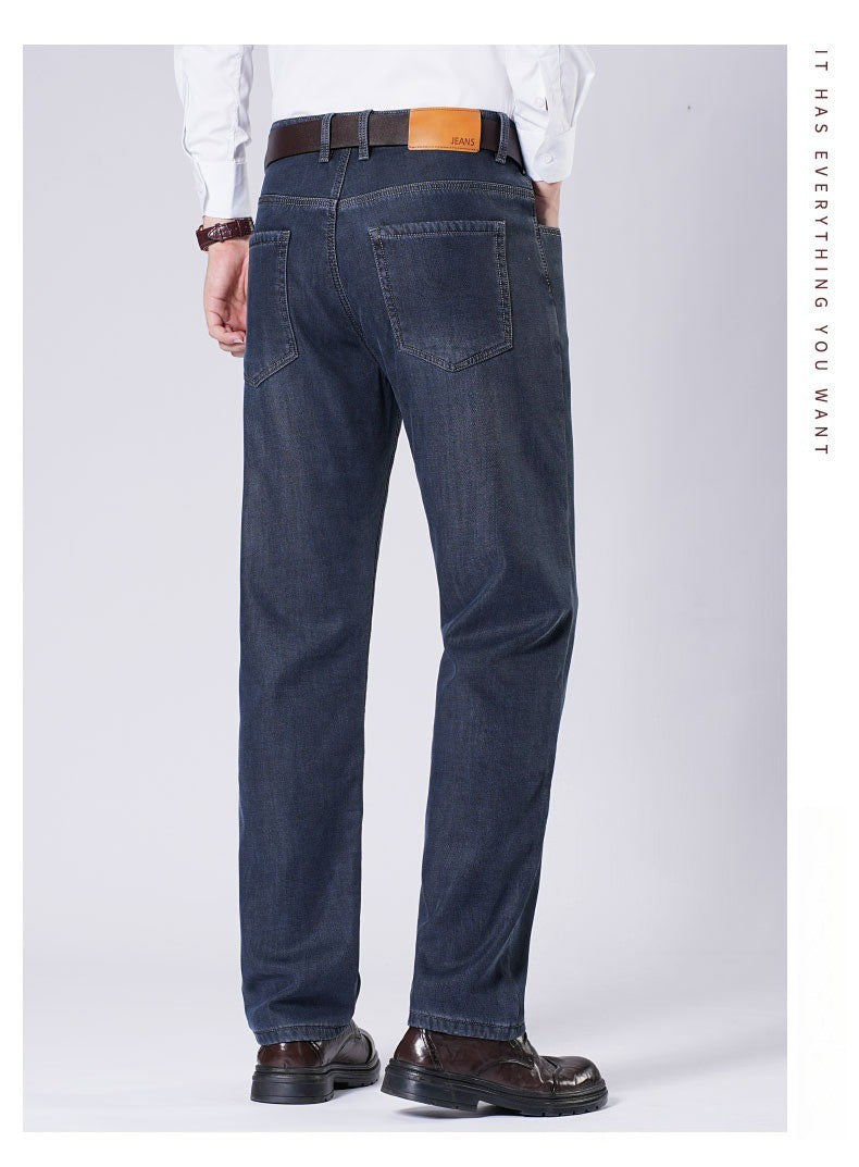 Men's Fleece Straight Leg Jeans Winter Thick Warm Business Casual Velvet Pants Elastic Loose Trousers Outdoorwear