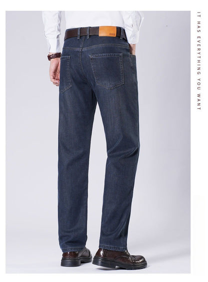 Men's Fleece Straight Leg Jeans Winter Thick Warm Business Casual Velvet Pants Elastic Loose Trousers Outdoorwear
