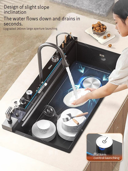 Stainless Steel Waterfall Kitchen Sink Digital Display Faucet Set Embossed Extra Large Single Slot Multiple Types of sinks