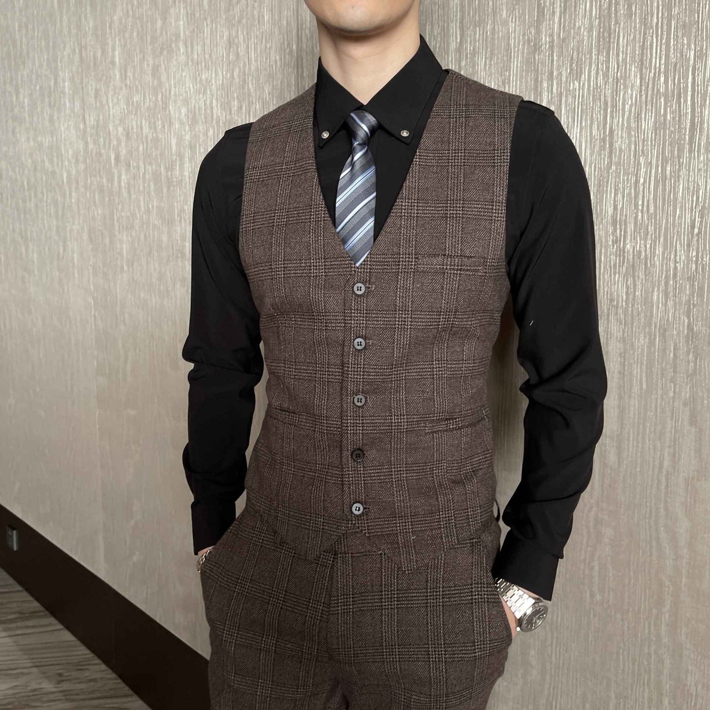 British Korean Style High Quality Modified Plaid Three-Piece Suit for Men - Stylish Business Casual Suit Vest And Trousers Set