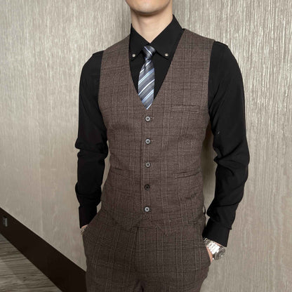 British Korean Style High Quality Modified Plaid Three-Piece Suit for Men - Stylish Business Casual Suit Vest And Trousers Set