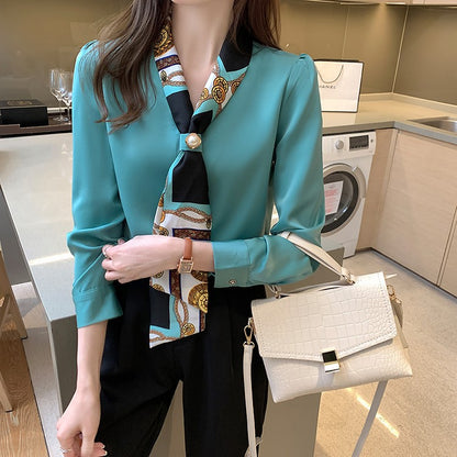 H Han Queen Spring Chiffon Simple Office Lady Blouse Female Shirt Bow Tops Long Sleeve Casual Korean OL Loose Blouses Women
