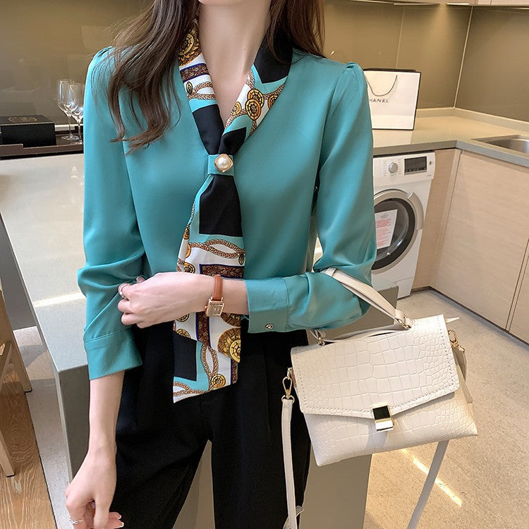 H Han Queen Spring Chiffon Simple Office Lady Blouse Female Shirt Bow Tops Long Sleeve Casual Korean OL Loose Blouses Women