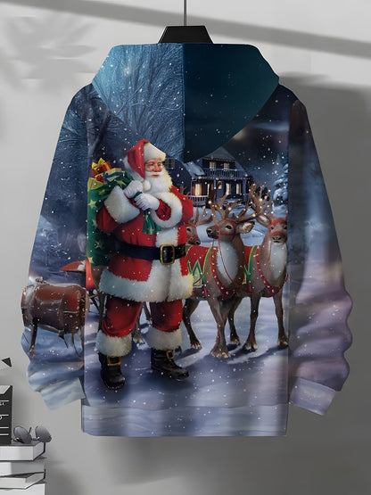 Ultimate Christmas Vibe | Men's Casual Hooded Sweatshirt for Autumn | Santa & Reindeer Design| For Party & Daily Wear