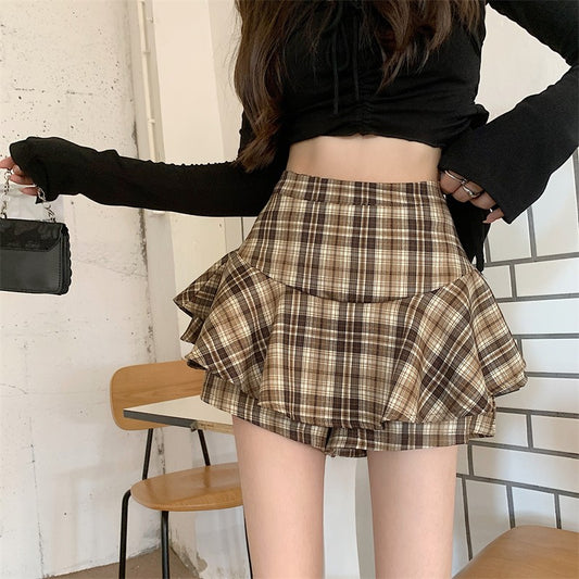 Tiered Mini Skirt Y2K High Waist Tartan Ruffled Plaid Skirt Skort Women Aesthetic Outfit
