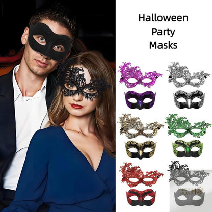 Set of 2, Couple's Elegant Black Lace Masquerade Masks for Costume Parties