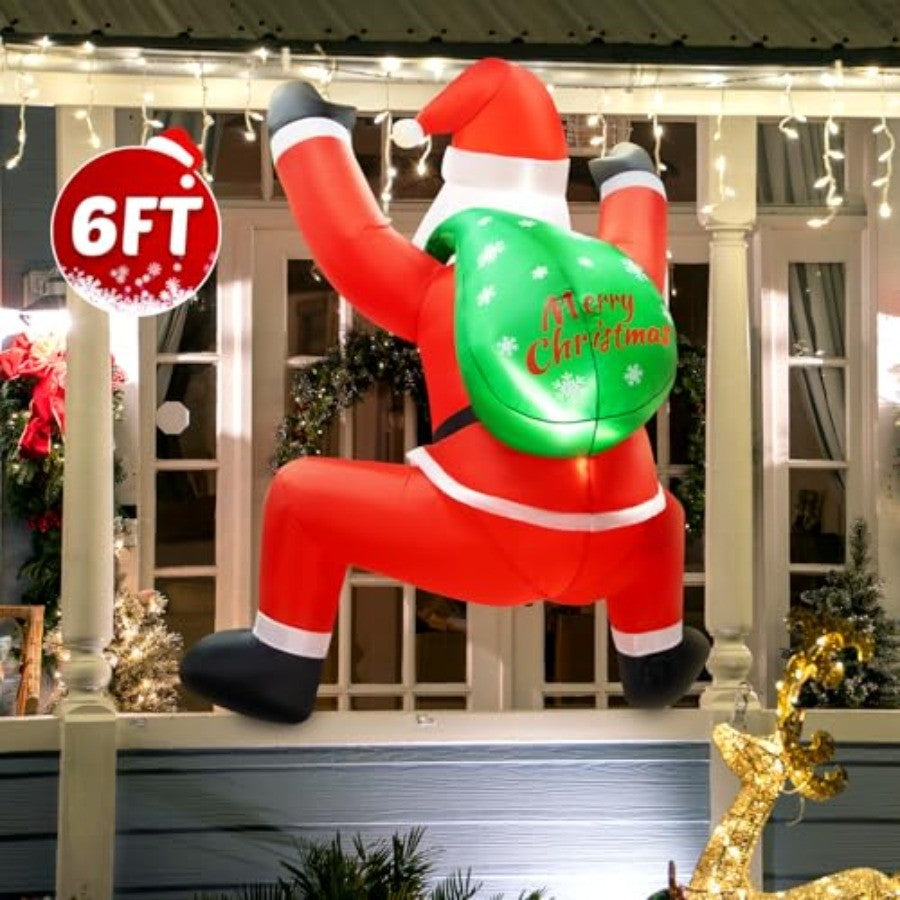 6FT Christmas Inflatable Decorations Hanging Santa Built-in Bright LEDs, Climbing Santa Claus with Gift Bag Christmas Roof Blow