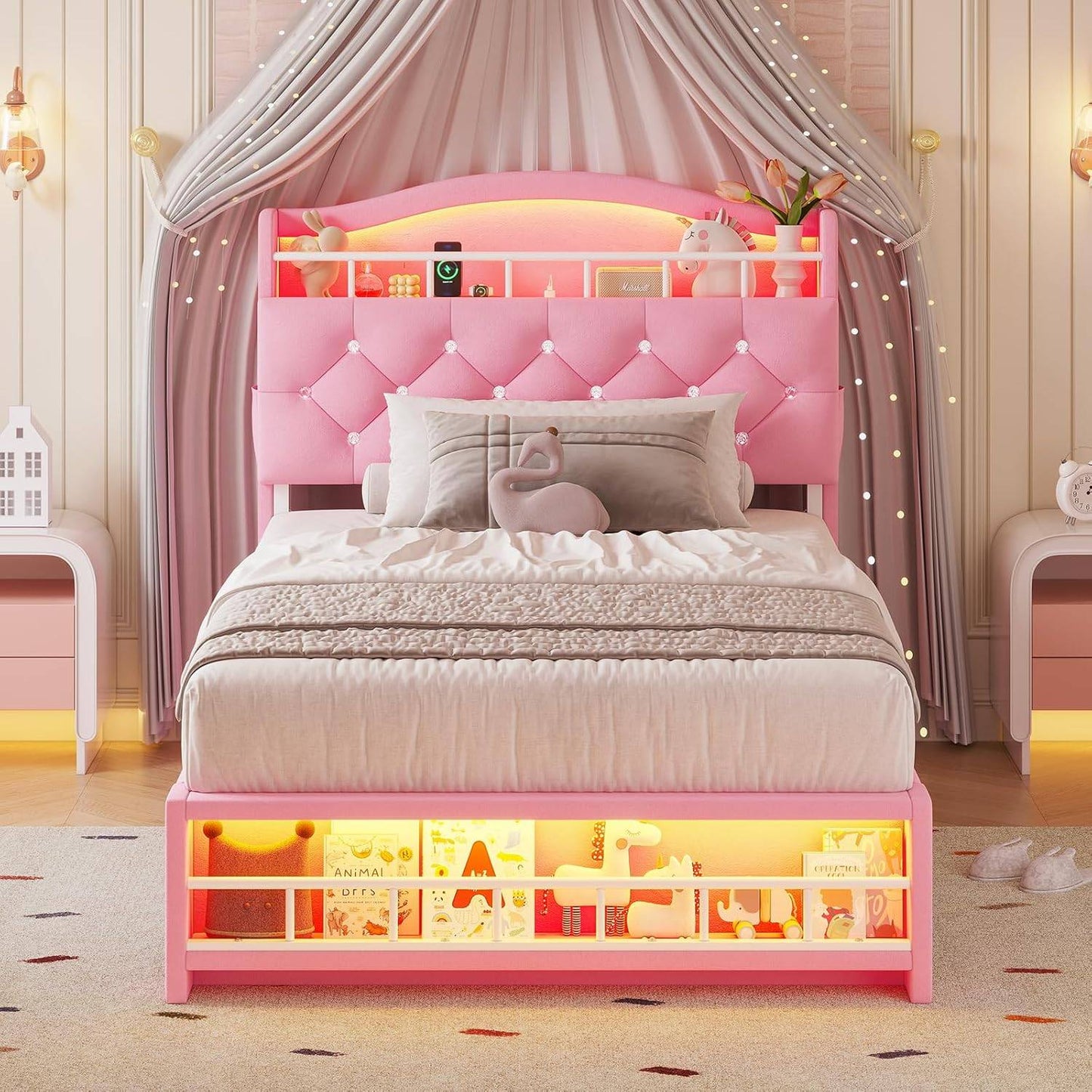 Cama de Solteiro com Estrutura de LED, Cama Plataforma Estofada em Veludo Princesa para Meninas, Cabeceira com Estação de Carregamento