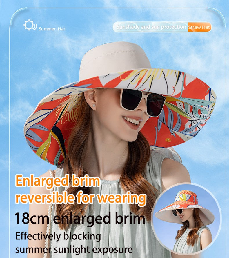 Xinbaoguan 100%poliéster8240Chapéu de pescador de aba dupla alargada NOVO transfronteiriço feminino Chapéu de sol de verão Chapéu de sol fashion