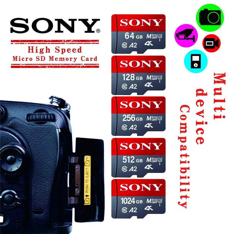 Sony SD memory cards, 128GB, 256GB high-speed Micro TF SD, 1024GB, 512GB A2 U3 V30 flash memory cards, suitable for mobile phone