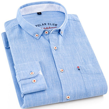 Men‘s Solid Button-Down Collar Dress Shirt - Breathable Cotton-Linen Blend - Long Sleeve, Slim-fit - Spring Summer Casual Chic