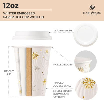 [100 CONJ] Copos de Café de Natal Harvest Pack 350 ml, Copos de Papel Descartáveis de Inverno com Flocos de Neve Brancos, com Parede Ondulada Isolada P