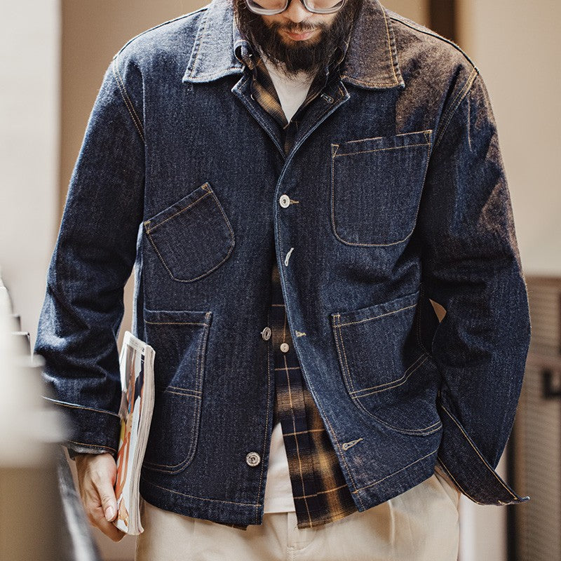 Maden Vintage Asymmetrical Four-pocket Design Denim Coat for Men 14OZ Single-breasted Turn-down Collar Jacket Autumn Work Coat