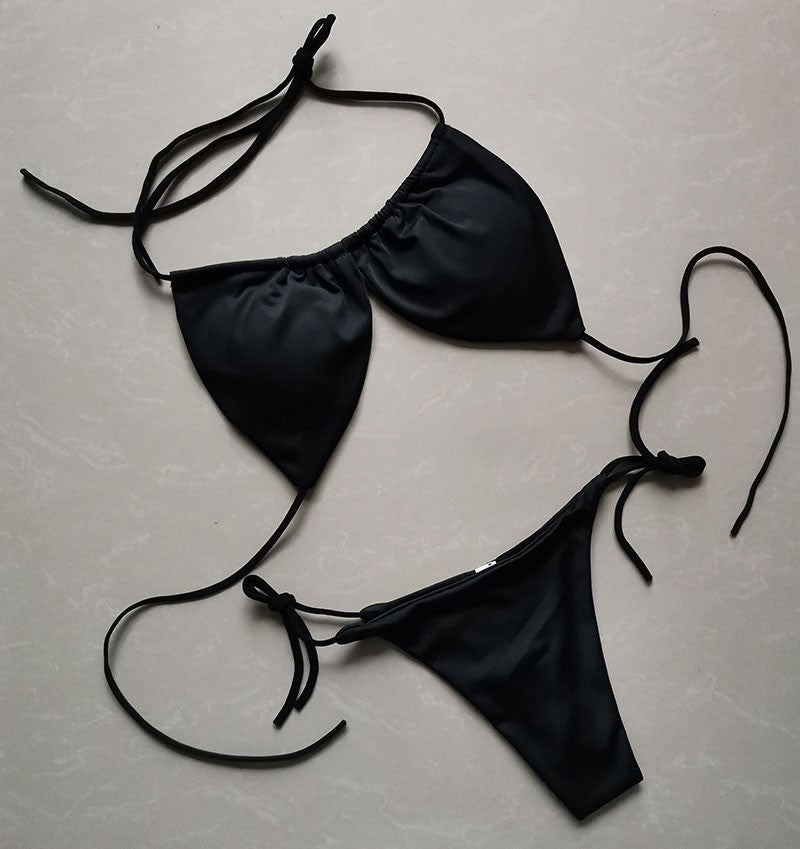 Summer Sexy Bikini set Push-up padded Bra Thong Split Swimwear Female Bandage Bathing Suit Adjustable Lacing Swimsuit Solid
