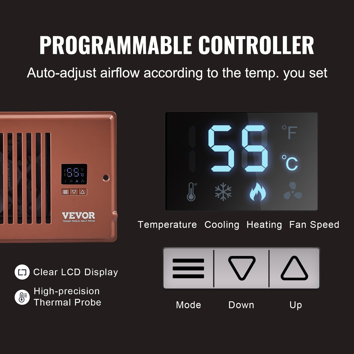 SucceBuy Booster Fan 4x12in Duct Fan 100CFM 10 Adjustable Speeds with LCD Smart Controller for Wall and Floor