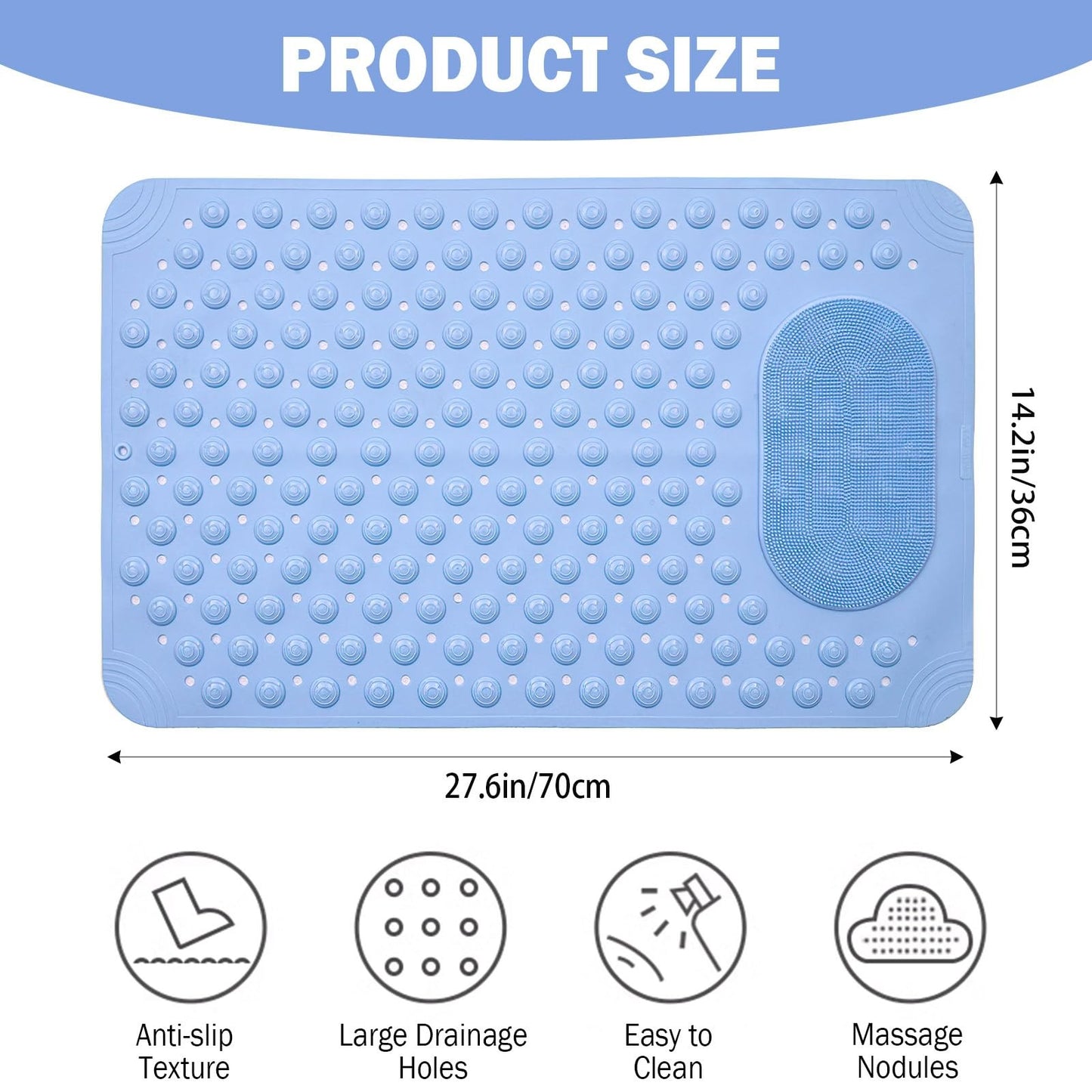 Non-Slip Bath Mat with Massage Feature Oblong Shower Floor Rug Non-Textile Water Absorbent Bathroom Mat with Suction Cups