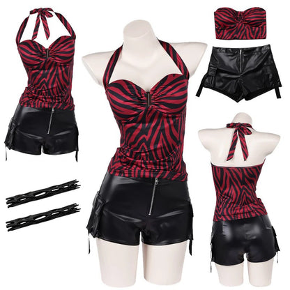 Obsession Nikki Costume Cosplay Outfit Zebra Halter Top Faux Leather Cargo Shorts Punk Streetwear Halloween Carnival Disguise