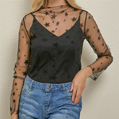 Women's Sexy Mesh Sheer Lace Blouses Perspective Long Sleeve Stand Collar Mesh Tops Striped Polka Dot Stars Party Tee Blouses