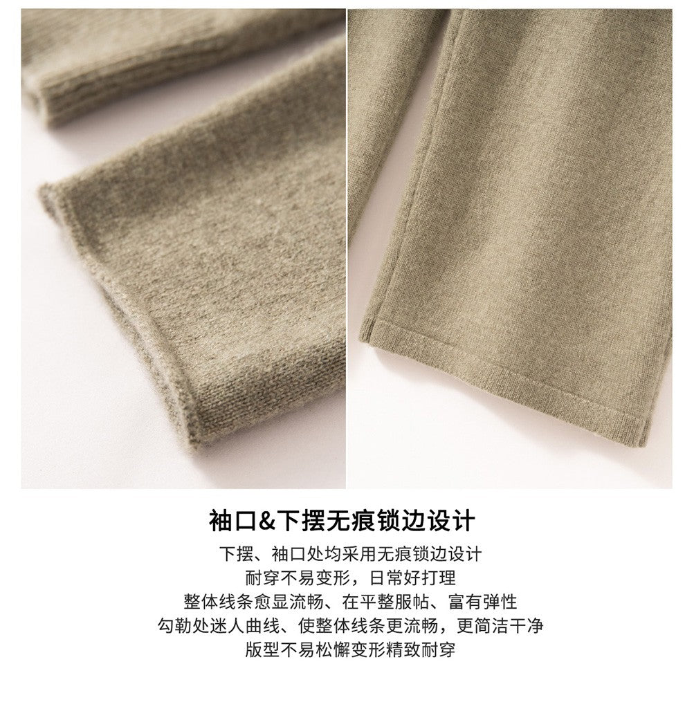 Autumn Winter New 100% Pure Cashmere Women Half Open Front Hoodie Set Knitted Two Piece Pullover Knitwear Wide Leg Pants