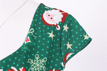 Fashion V-neck Short Sleeve Printed Christmas Dress Large Swing Vintage Elegant Xmas Party Dress