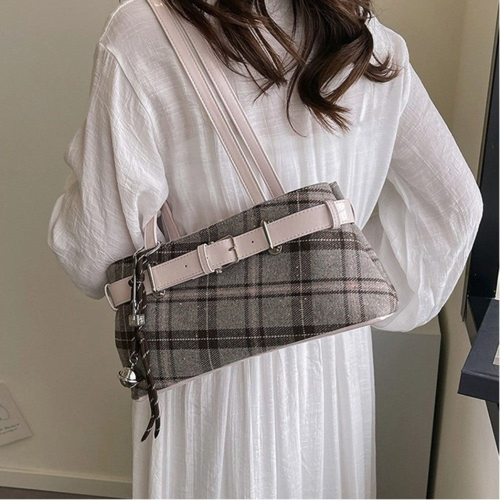 New Handbag Boho Shoulder Bag Bell Pendant Lightweight Tote Bag Plaid Women's Bag Women