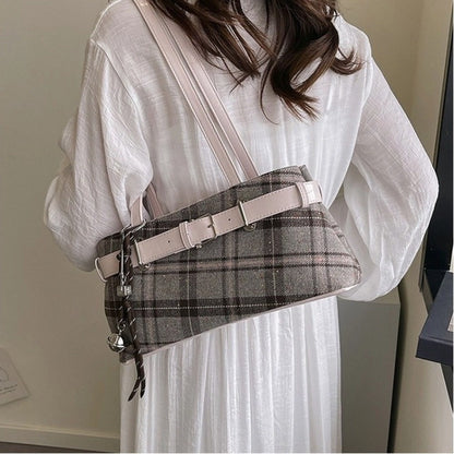 New Handbag Boho Shoulder Bag Bell Pendant Lightweight Tote Bag Plaid Women's Bag Women