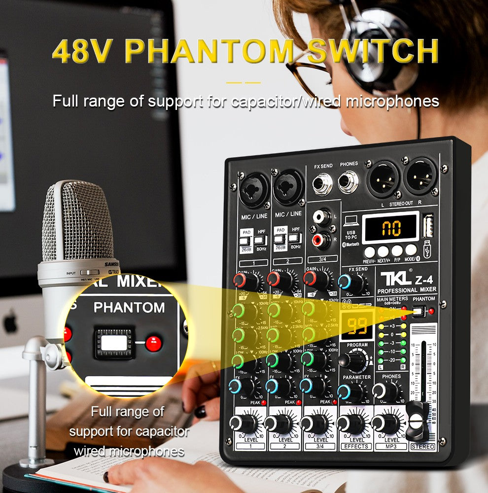 Mesa de áudio TKL 4 canais 99 DSP com alimentação fantasma 48V, mixers de som USB de estúdio, console de mixagem Bluetooth DJ para karaokê