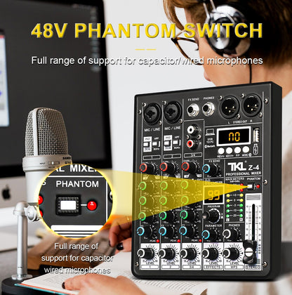 Mesa de áudio TKL 4 canais 99 DSP com alimentação fantasma 48V, mixers de som USB de estúdio, console de mixagem Bluetooth DJ para karaokê