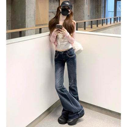 Vintage American-style hot girl low-waisted flare pants micro-flare jeans women's slim-fitting elastic Y2K casual wide-leg jeans