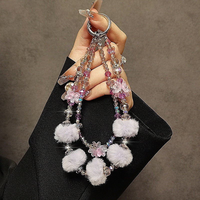 Autumn/Winter Plush Phone Strap Floral Beaded Crystal Pom-Pom Handbag Chain New Trendy Accessory for Smartphones