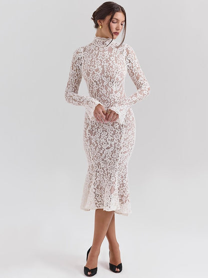 Mozision Lace Long Sleeve Sexy Midi Dress For Women Elegant White Half High Coll