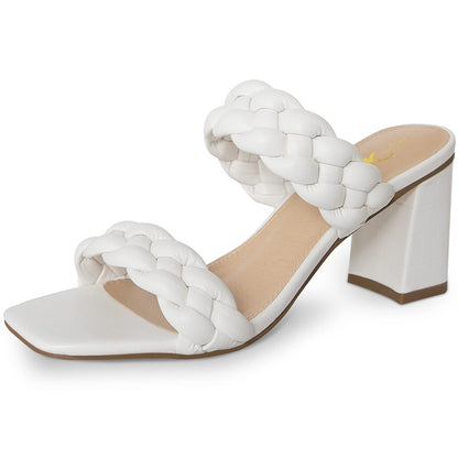 Elegant Women's Braided Heels Sandalias Fashion Strappy Square Sandals Open Toe Backless Mules Slip On Block Heeled Shoes