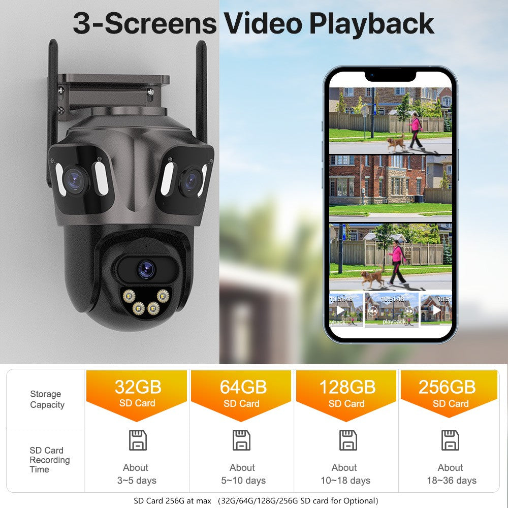 Câmera IP WIFI de Três Telas Externa 4K Lente Dupla Câmera PTZ Detecção Humana por IA Câmera de Segurança de Vídeo CCTV IP66 à Prova D'água iCsee