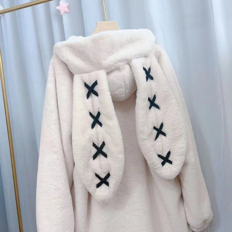 2025 Winter Clothing Women's Jackets Harajuku Rabbit Ears Punk Black Coats Thicked Furry Zipper Oversized Y2k Tops Ropa Mujer