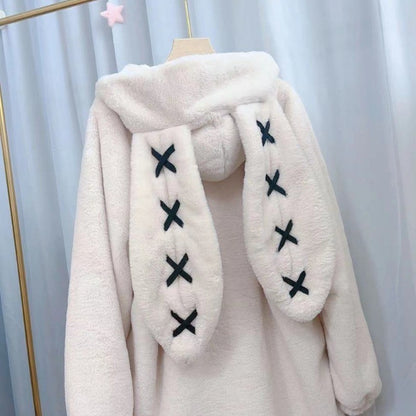 2025 Winter Clothing Women's Jackets Harajuku Rabbit Ears Punk Black Coats Thicked Furry Zipper Oversized Y2k Tops Ropa Mujer