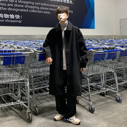 Blends Men X-long Autumn Winter Korean Style Trendy Loose Overcoats Solid Handsome All-match College Harajuku Clothing Mid-calf
