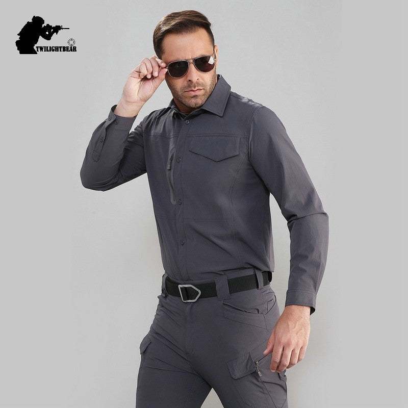 Stretch Men's Shirt Multiple Pockets Quick Drying Shirts High Quality Male Elastic Tooling Shirt Men Clothing Casual Shirts AF54