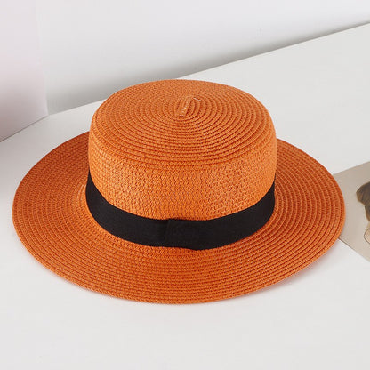Chapéu de Sol Unissex de Verão com Topo Plano para Mulheres e Homens, Cor Sólida, Aba Larga, Fita Preta, Chapéu de Palha de Praia Dobrável, Bonés Frescos para Férias