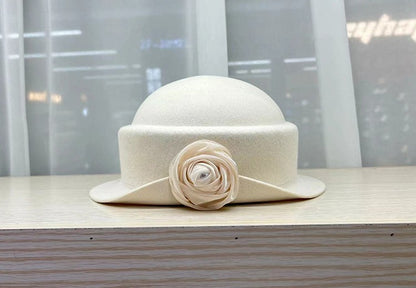 French light luxury Australian wool felt hat Hepburn style camellia flower small brim basin hat women elegant banquet top hat
