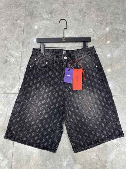 New Summer Men Distressed Short Jeans Vintage Jacquard Straight Leg Men's Denim Shorts Pants