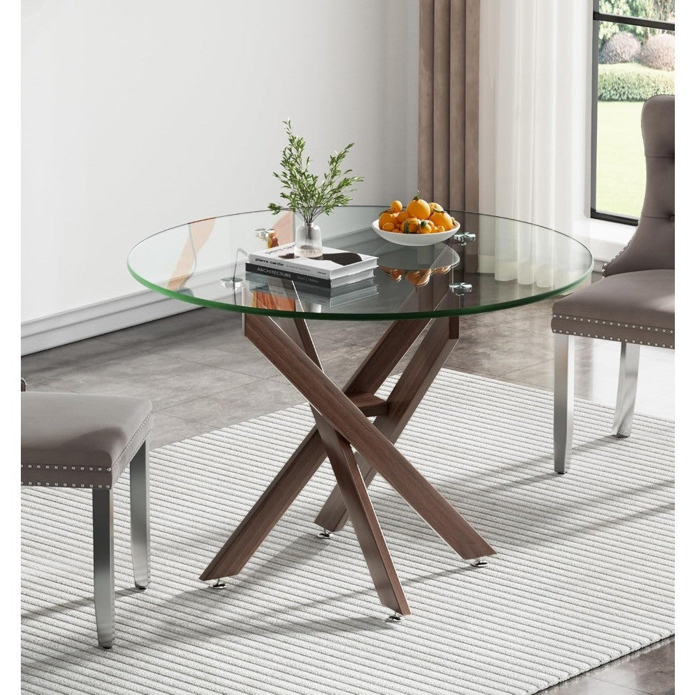 35.4'' Glass Top Round Dining Table for 2-4 People, Sturdy Walnut Metal Legs, Round Glass Kitchen Table for Apartment, Space Sav