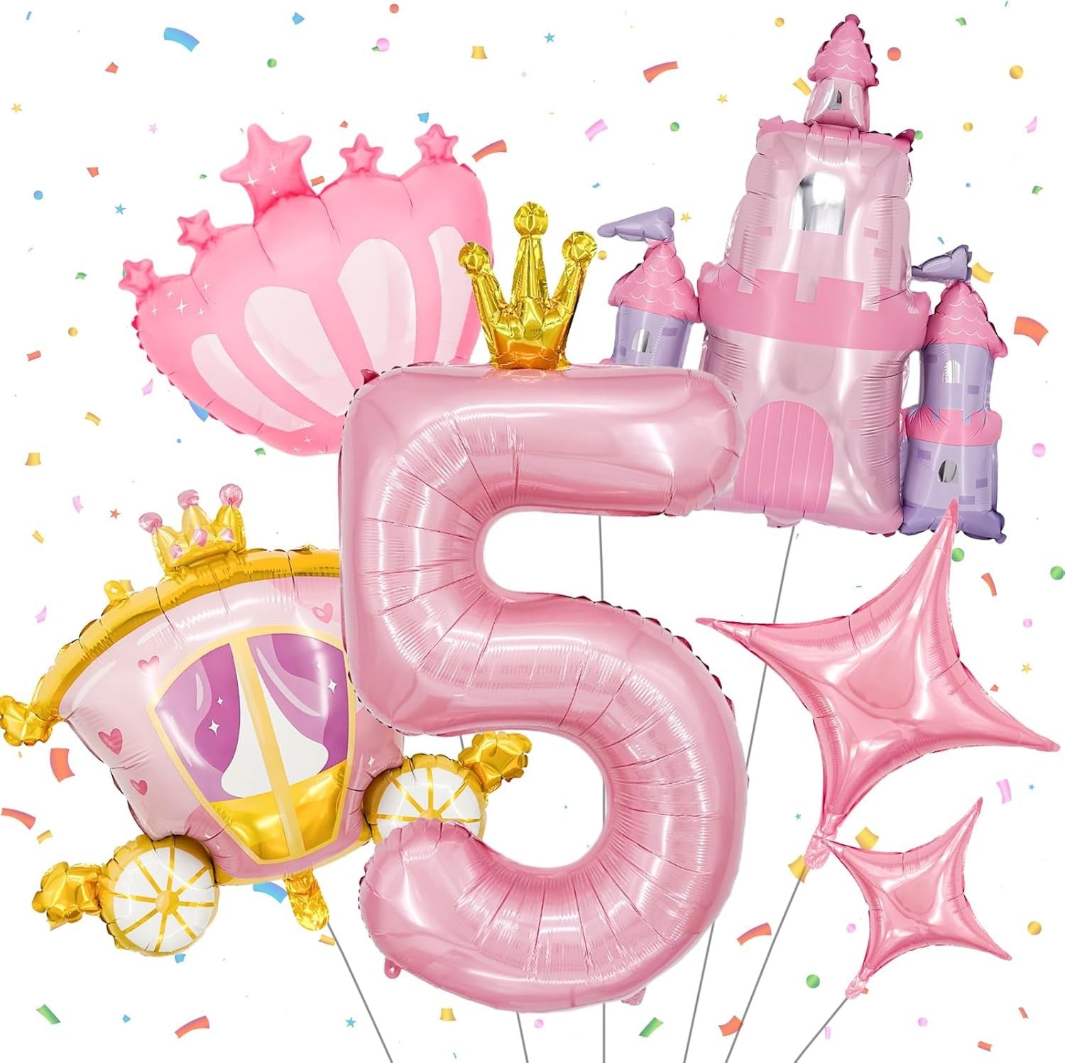 6-Piece Princess Theme Party Decoration Set: Princess Carriage + Pink Castle + 40-inch Numbers + Crown Heart + Star Foil Balloon