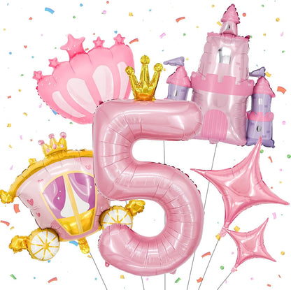 6-Piece Princess Theme Party Decoration Set: Princess Carriage + Pink Castle + 40-inch Numbers + Crown Heart + Star Foil Balloon