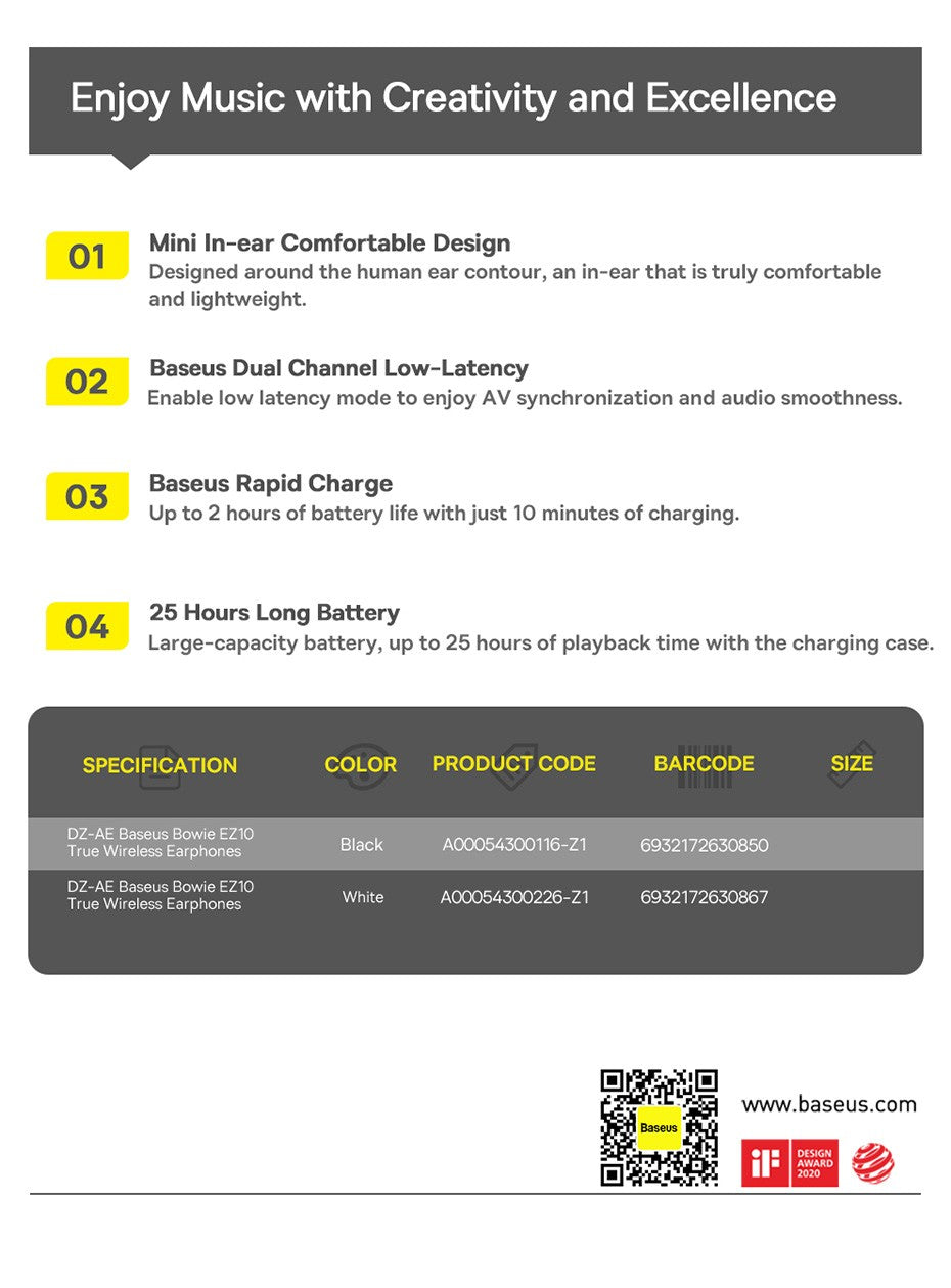 Baseus Bowie EZ10 Earphones Wireless Bluetooth 5.3 0.06' Low Latency TWS Headphone with Dual Microphones Headset HD Call Earbuds