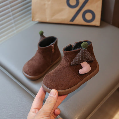 Christmas Children's Snow Boots PU Leather Vintage Girl's Plush Boots Anti-slippery Kid's Warm Padded Boots Cotton Shoes