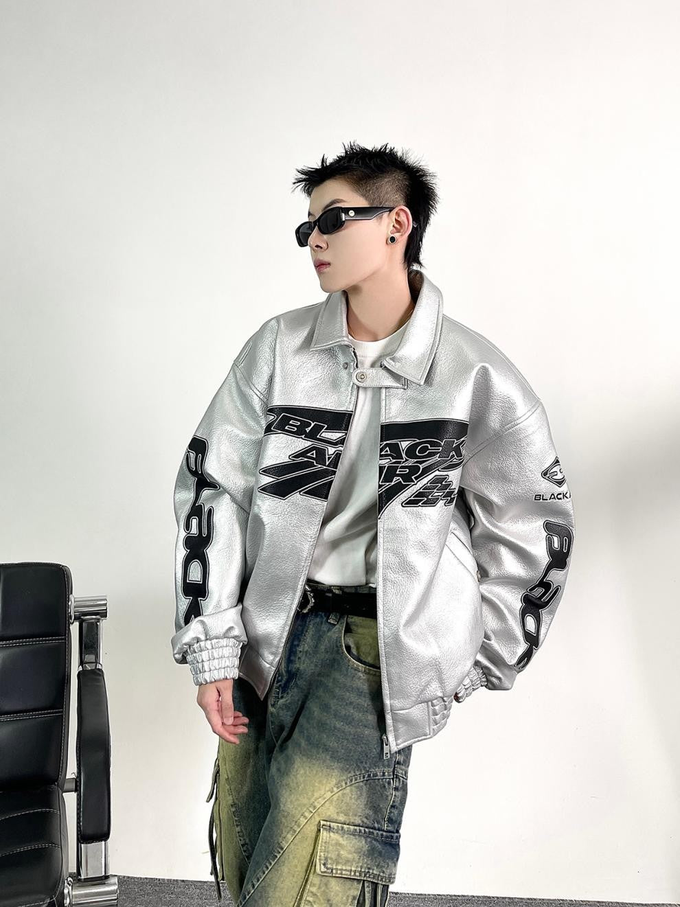 Heavy Duty Embroidered Men's Motorcycle Leather Jacket, Silver Edgy Aesthetic Windbreaker for Men, Autumn Fashion Mans Clothes