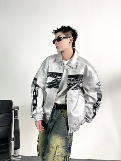 Heavy Duty Embroidered Men's Motorcycle Leather Jacket, Silver Edgy Aesthetic Windbreaker for Men, Autumn Fashion Mans Clothes