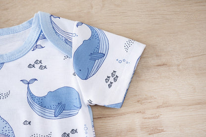 IURNXB Baby Romper Short Sleeve Infant Whale Print Bodysuit Newborn Cartoon Allover Printed Onesie for Boy's Clothing 0-18M