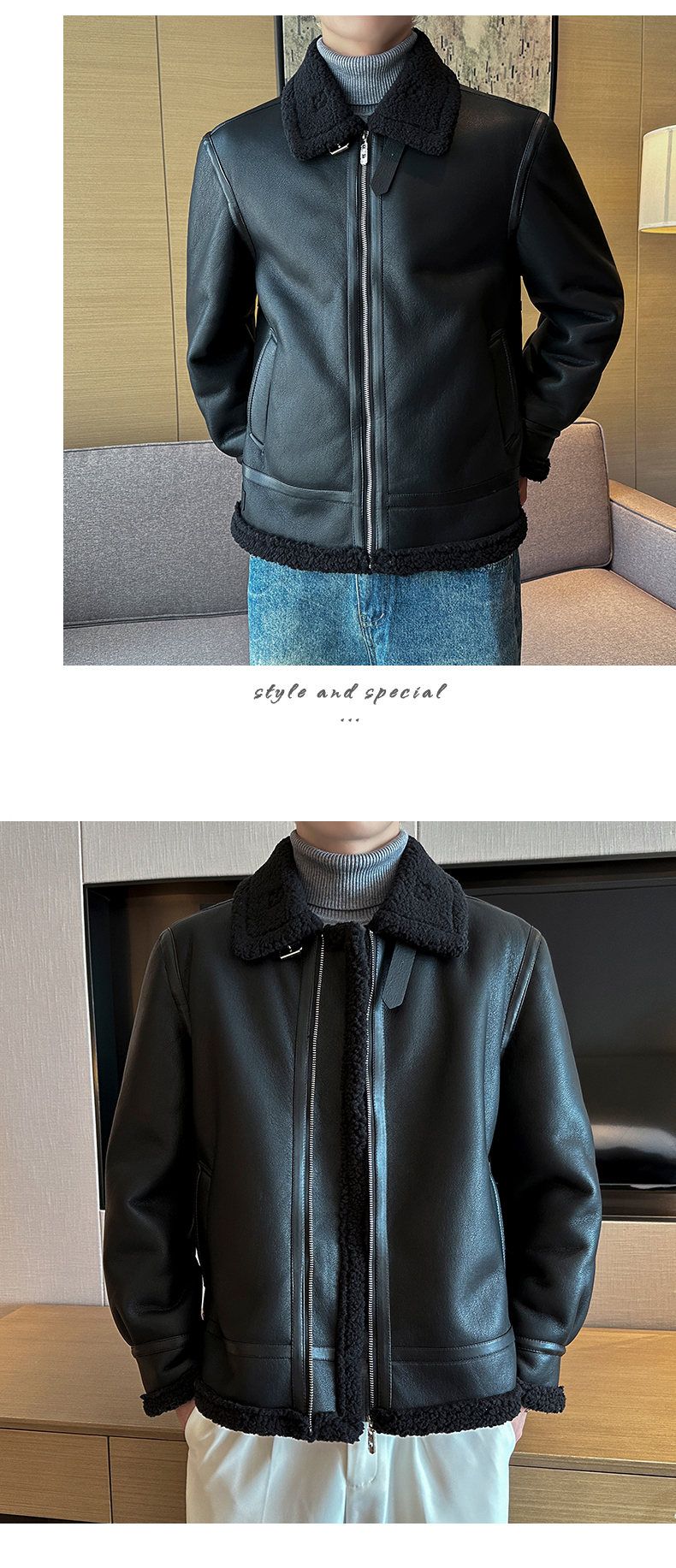 Autumn and winter warm thick leather jacket for men's trendy slim fit lapel motorcycle suit men's leather jacket